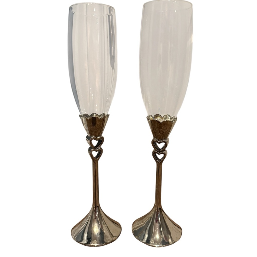 Vintage Silver Heart Stem Champagne Flutes Pair – Wedding Toasting Glasses